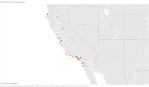 gray map of California and Nevada with red dots showing where the organizations are located 