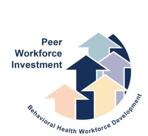 Behavioral Health Workforce Development Logo which features colorful arrows pointing up. Text says Peer Workforce Investment.