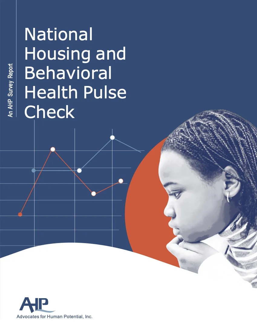 Cover of National Housing Pulse Check with a woman with her hair in braids. She is monochrome against an orange circle and blue background.